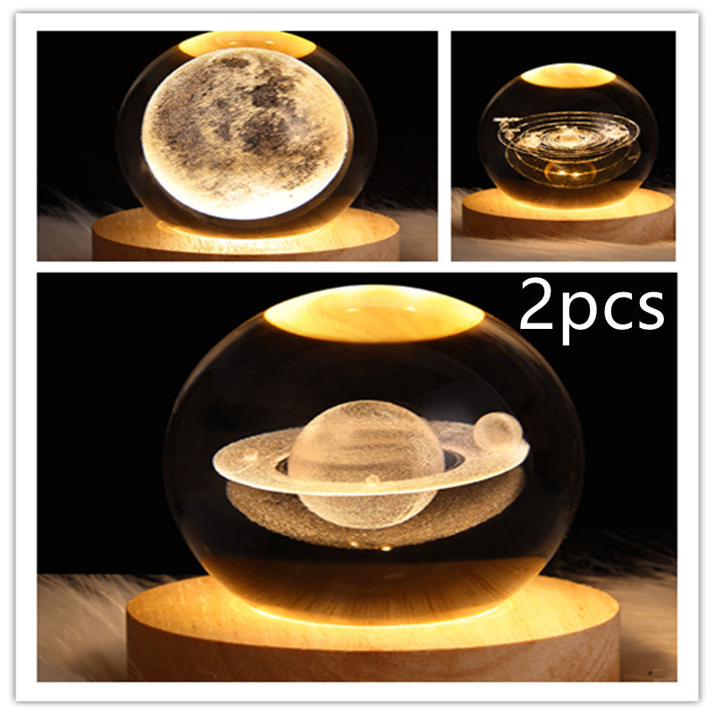 3D LED Crystal Galaxy Ball Lamp – Planet Moon Night Light with Wooden Base