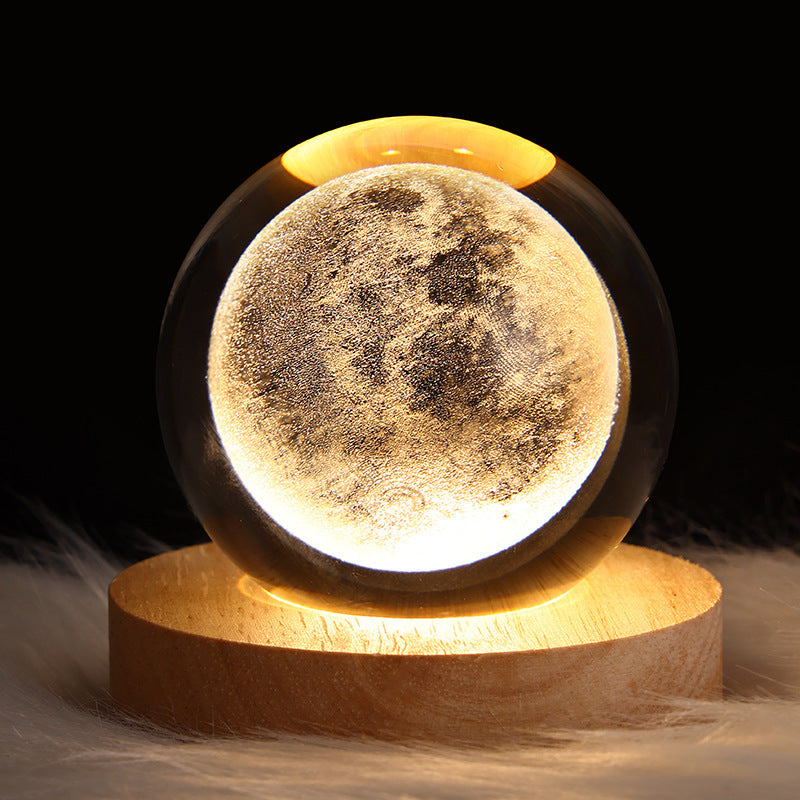 3D LED Crystal Galaxy Ball Lamp – Planet Moon Night Light with Wooden Base